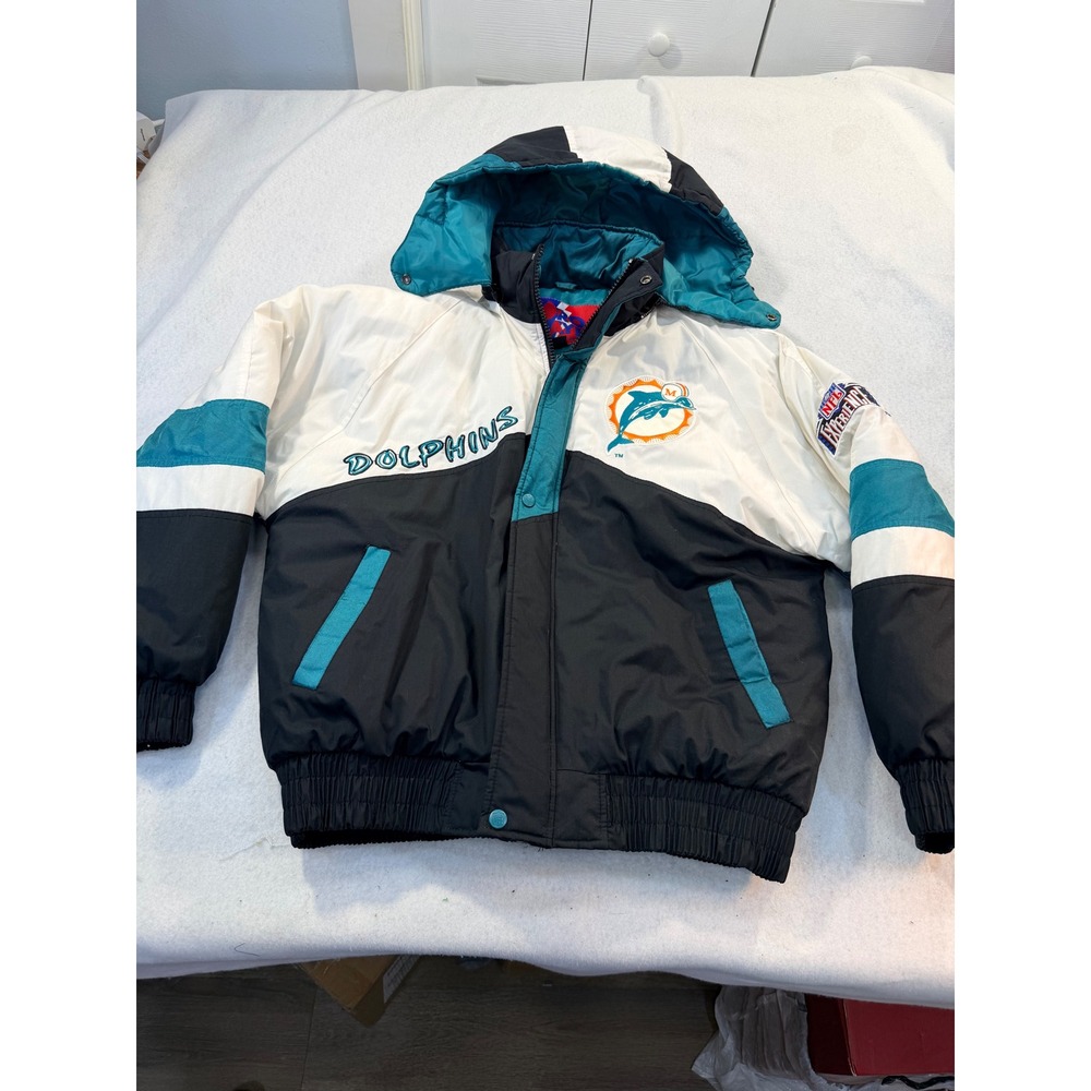Vintage Miami Dolphins Pro Layer Puffer Jacket NFL Experience White Black Teal